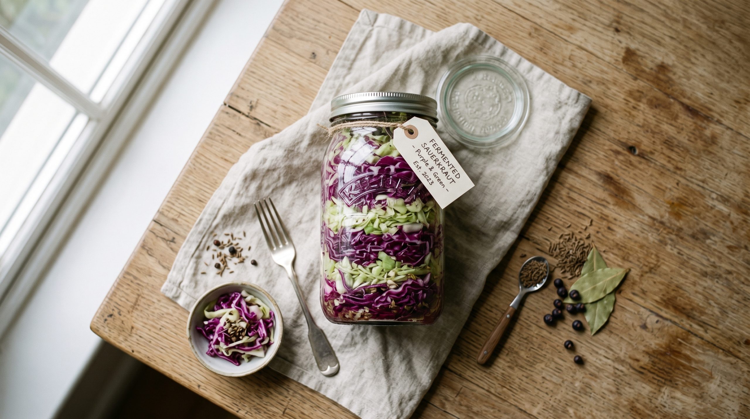Overhead flat lay of a glass mason jar filled with layered purple and green fermented sauerkraut on a wooden countertop.