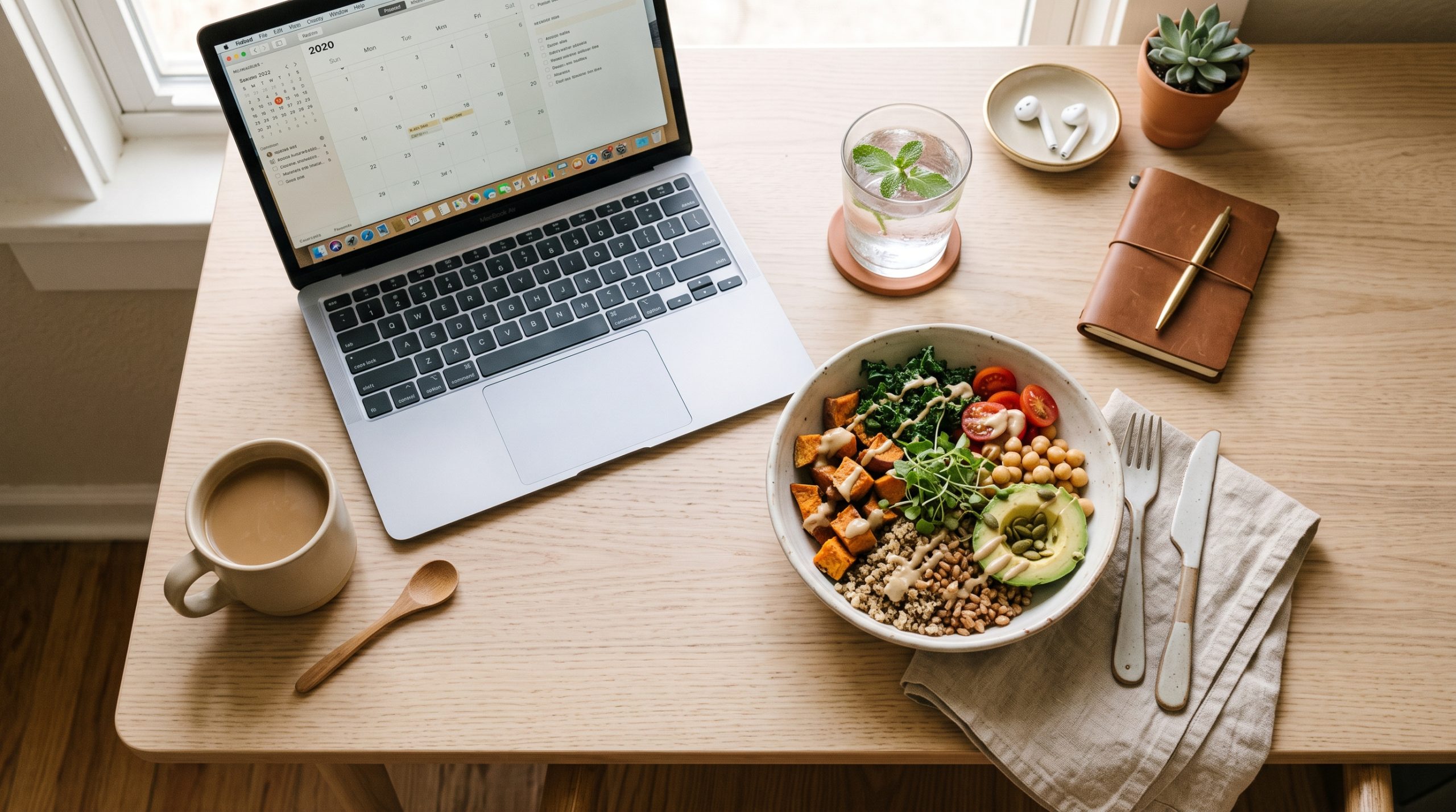 Overhead shot of an aesthetic grain bowl on a home office desk next to a laptop.