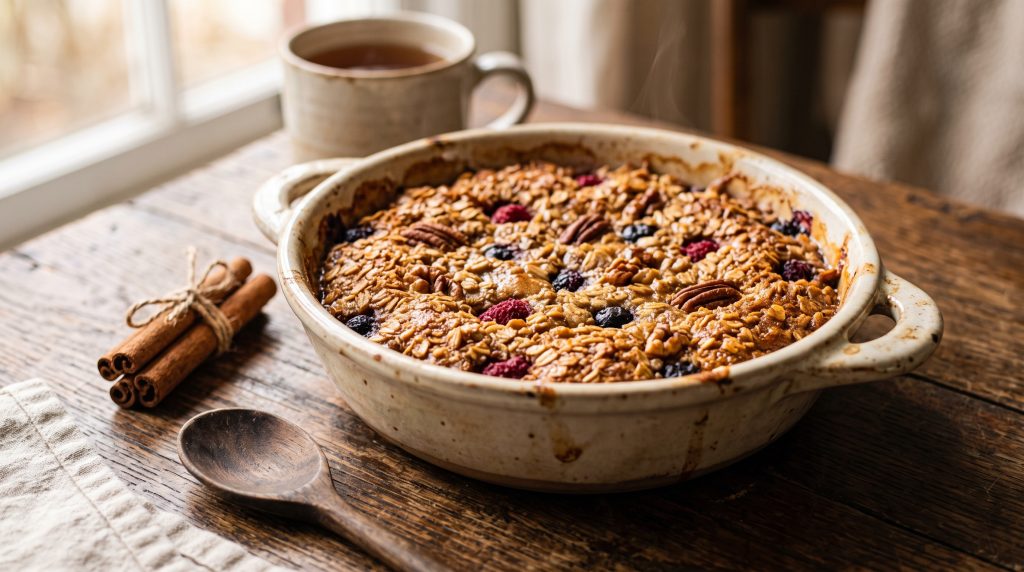 Grandmacore Breakfast: 5 Simple Comfort Recipes with a Vintage Aesthetic 6 Close-up of baked oatmeal with a golden crust in a vintage ceramic dish on a warm-toned wooden table.