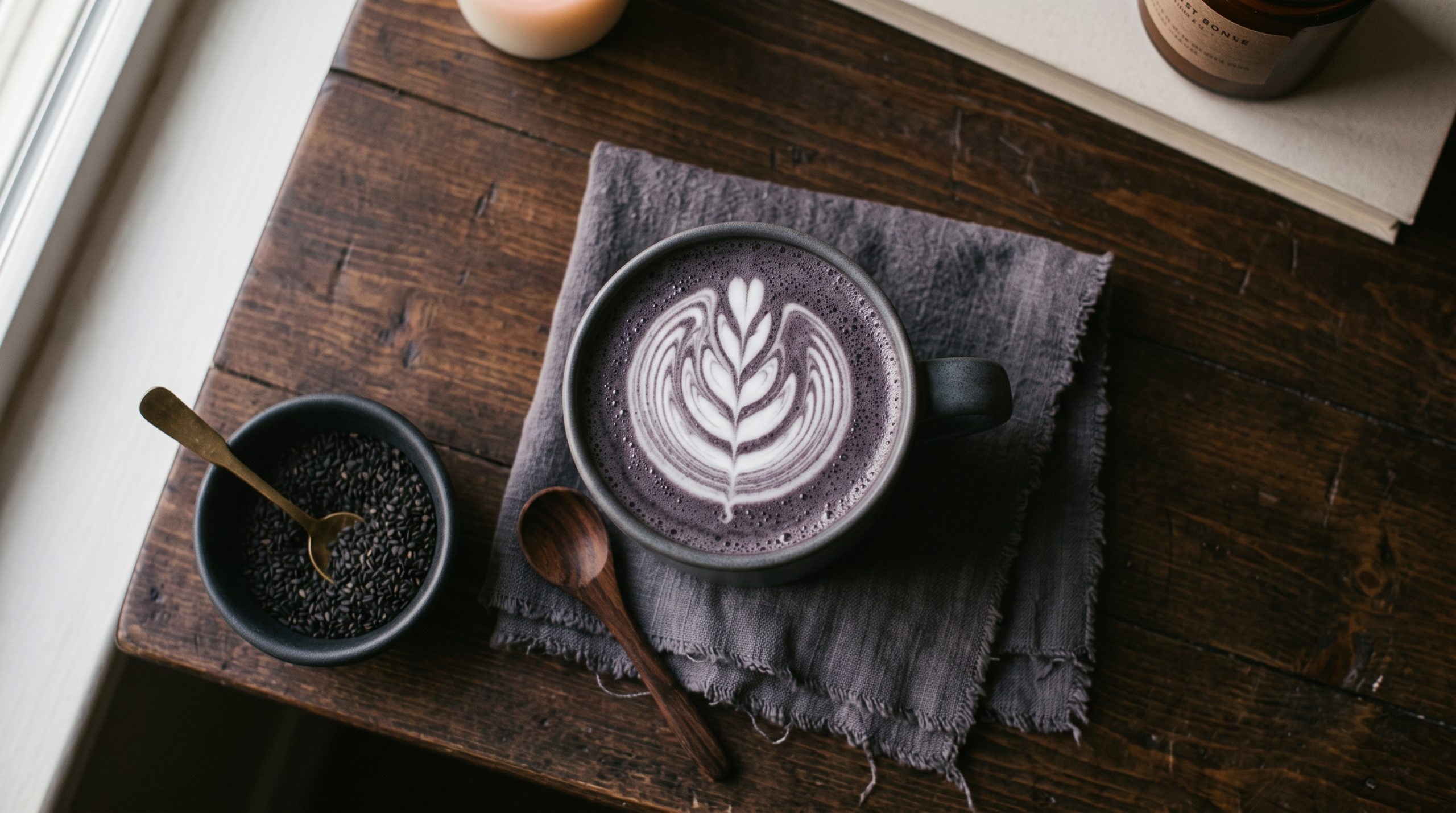 Overhead shot of a matte charcoal ceramic mug with graphite black sesame latte and white latte art next to black sesame seeds.