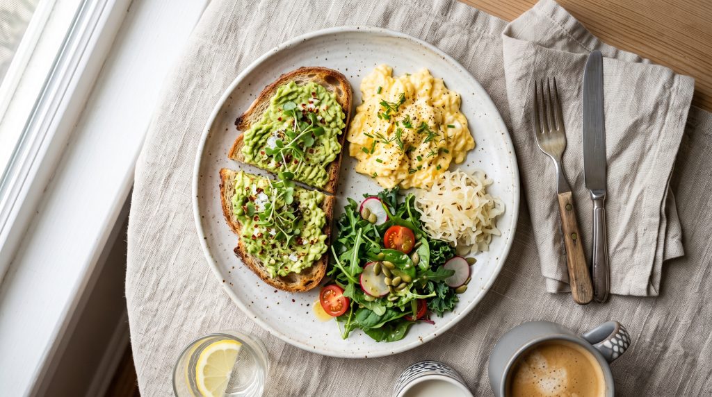 Aesthetic Fermented Kraut Jar Ritual: The Beginner's Guide to Sauerkraut That Actually Looks Good on Your Counter 4 Top-down shot of a minimalist breakfast plate with eggs, avocado toast, and a small scoop of fermented sauerkraut.