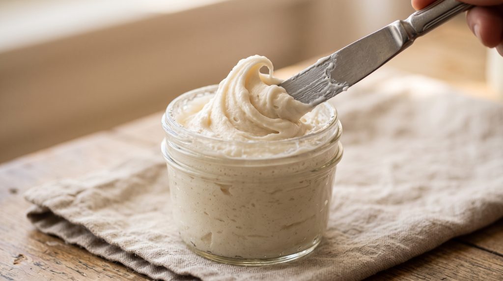 Close-up macro shot of a butter knife swirling airy whipped tallow into soft peaks inside a small glass jar under morning light.