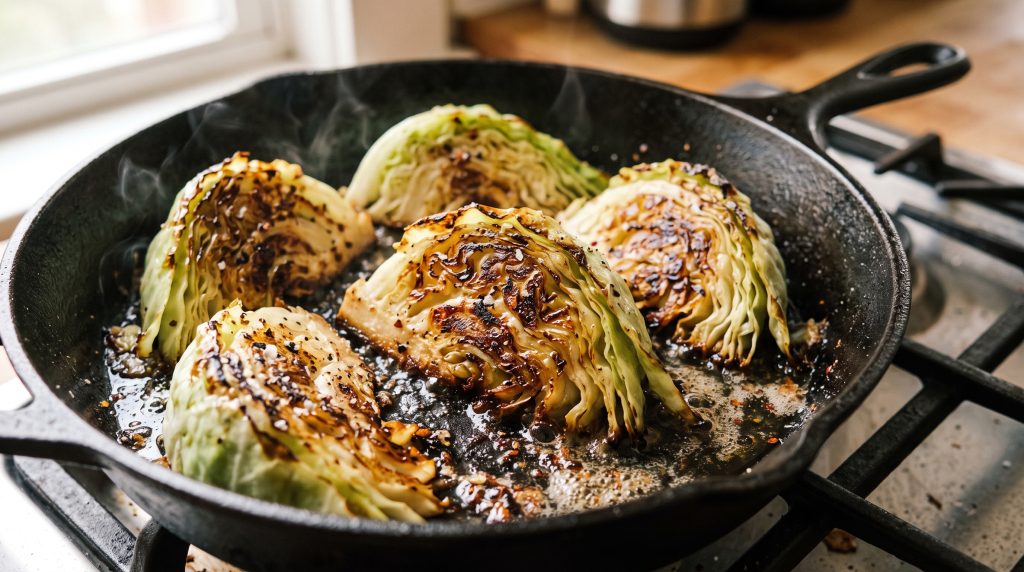 Crispy Cabbage Breakfast Hash: 2026's Biggest Food Trend 3 Close-up of fresh cabbage wedges caramelizing and blistering with golden brown edges in a hot cast iron skillet.