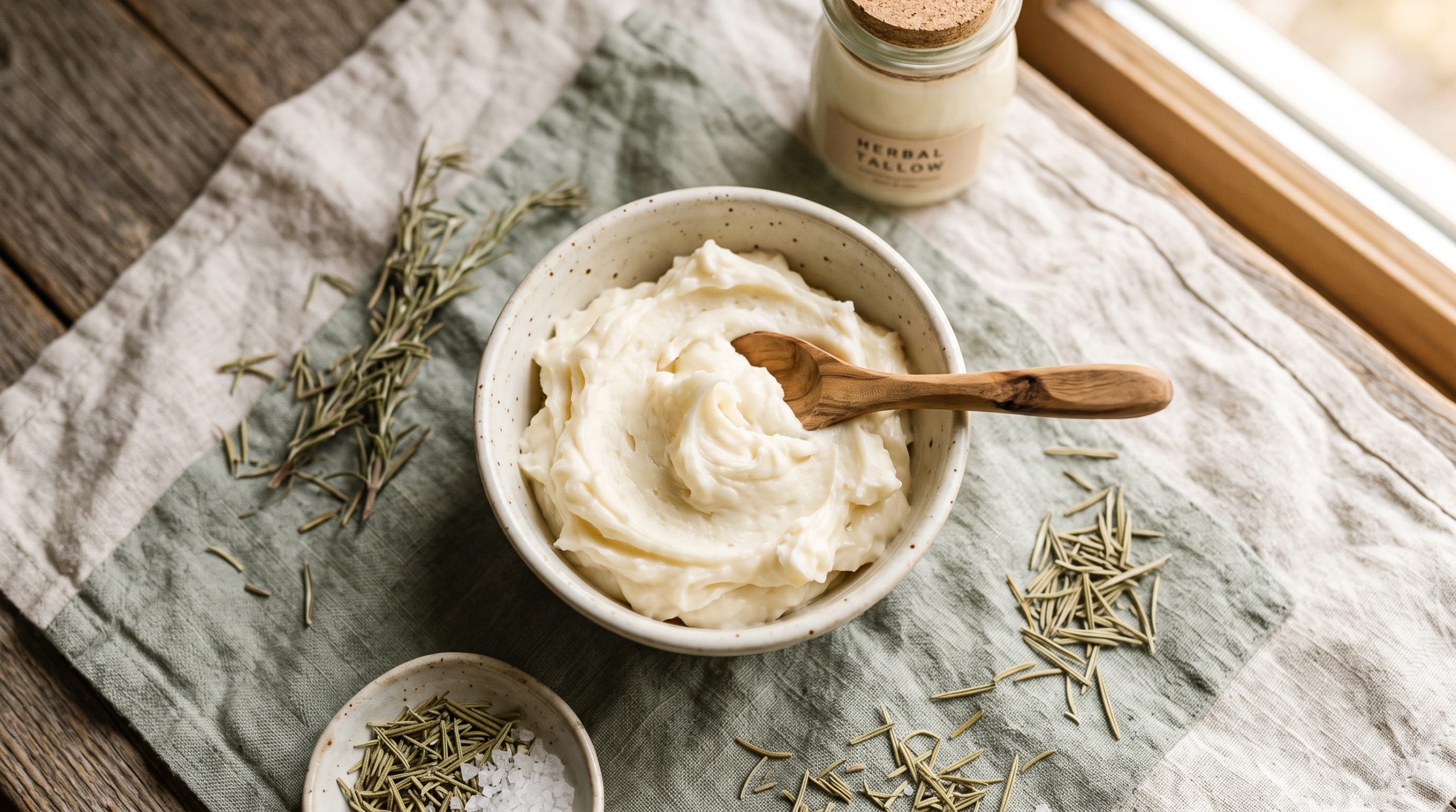 Overhead flat lay of a ceramic bowl filled with fluffy whipped beef tallow and soft peaks, decorated with dried rosemary on a linen tablecloth.