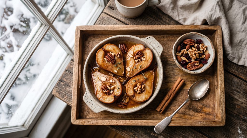 Winter Morning Ritual: 5 Cozy Warming Breakfast Recipes for Cold Days 4 Top-down shot of a wooden tray with warm cinnamon-baked pears, a small dish of nuts, and a cinnamon stick.