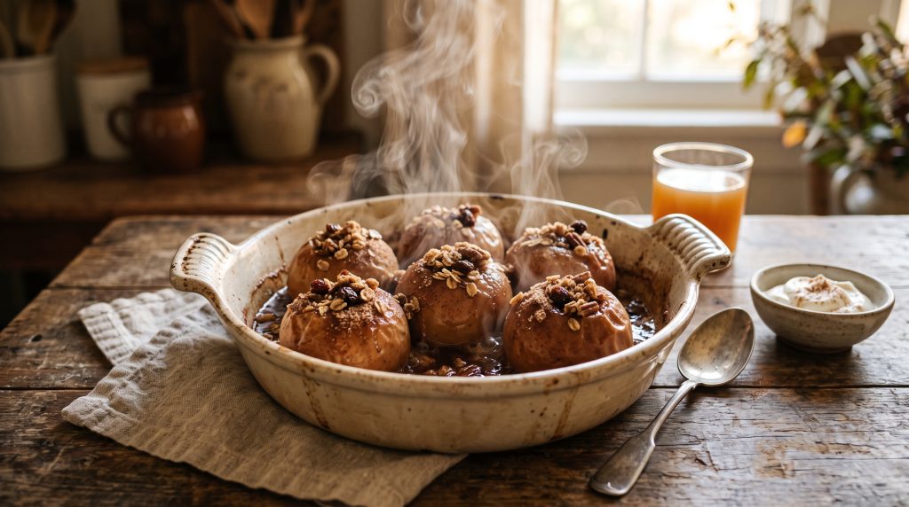 Grandmacore Breakfast: 5 Simple Comfort Recipes with a Vintage Aesthetic 8 Cinnamon-spiced baked apples with steam rising in a vintage baking dish on a rustic wooden table.