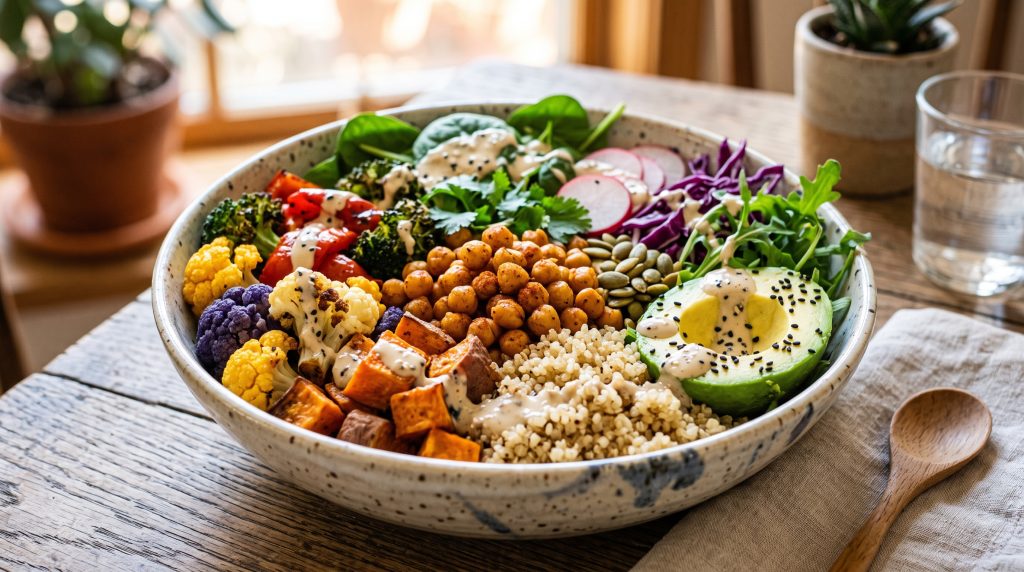 Aesthetic Lunch Ideas for Working From Home: No 2:30 PM Slump 2 Close-up of a colorful buddha bowl with chickpeas and roasted vegetables.