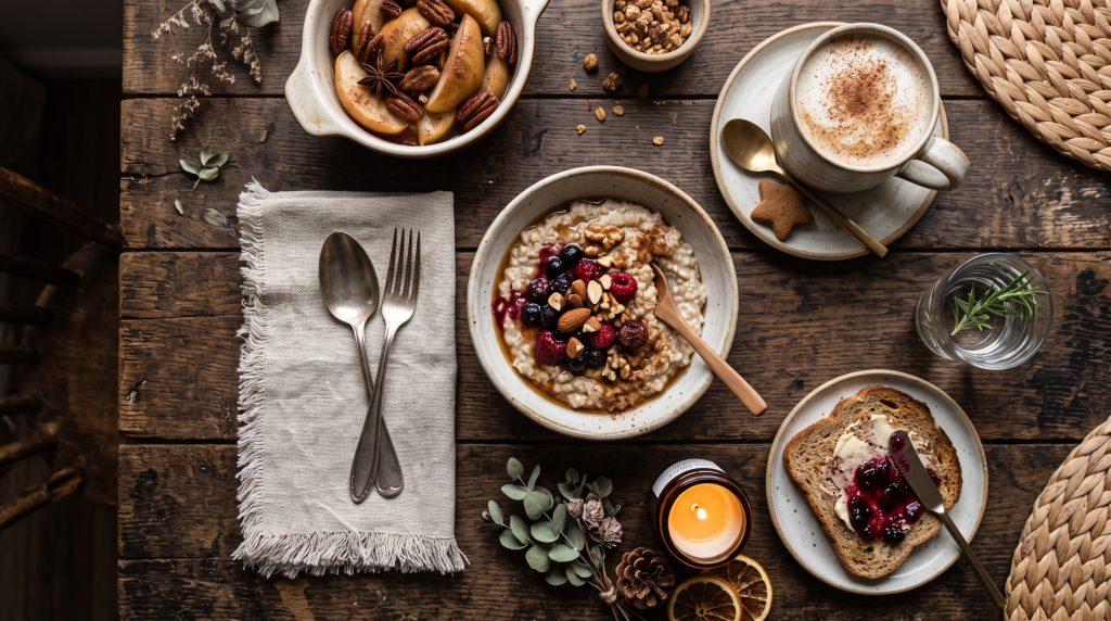Winter Morning Ritual: 5 Cozy Warming Breakfast Recipes for Cold Days 5 Overhead flat lay of a full cozy winter breakfast spread with warm porridge, a spiced latte, baked fruit, and a small candle.