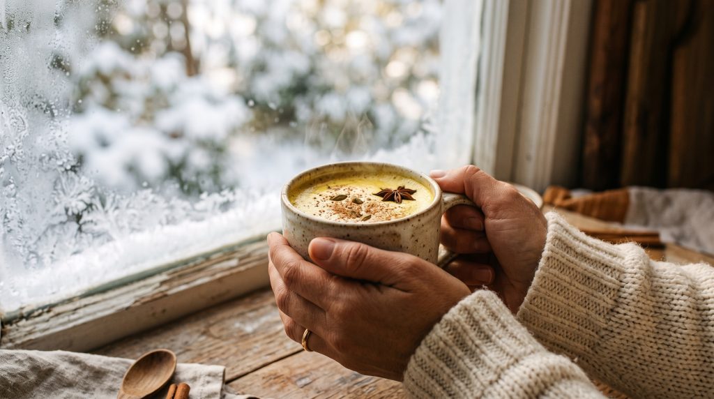 Winter Morning Ritual: 5 Cozy Warming Breakfast Recipes for Cold Days 2 Cozy winter morning ritual featuring hands wrapped around a ceramic mug of warm golden spiced milk.