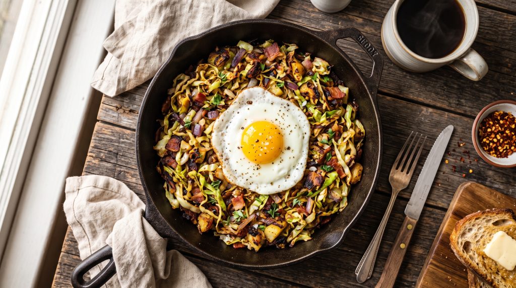 Crispy Cabbage Breakfast Hash: 2026's Biggest Food Trend 2 Overhead shot of crispy blistered cabbage breakfast hash with a fried egg on top in a cast iron skillet on a rustic wooden table.