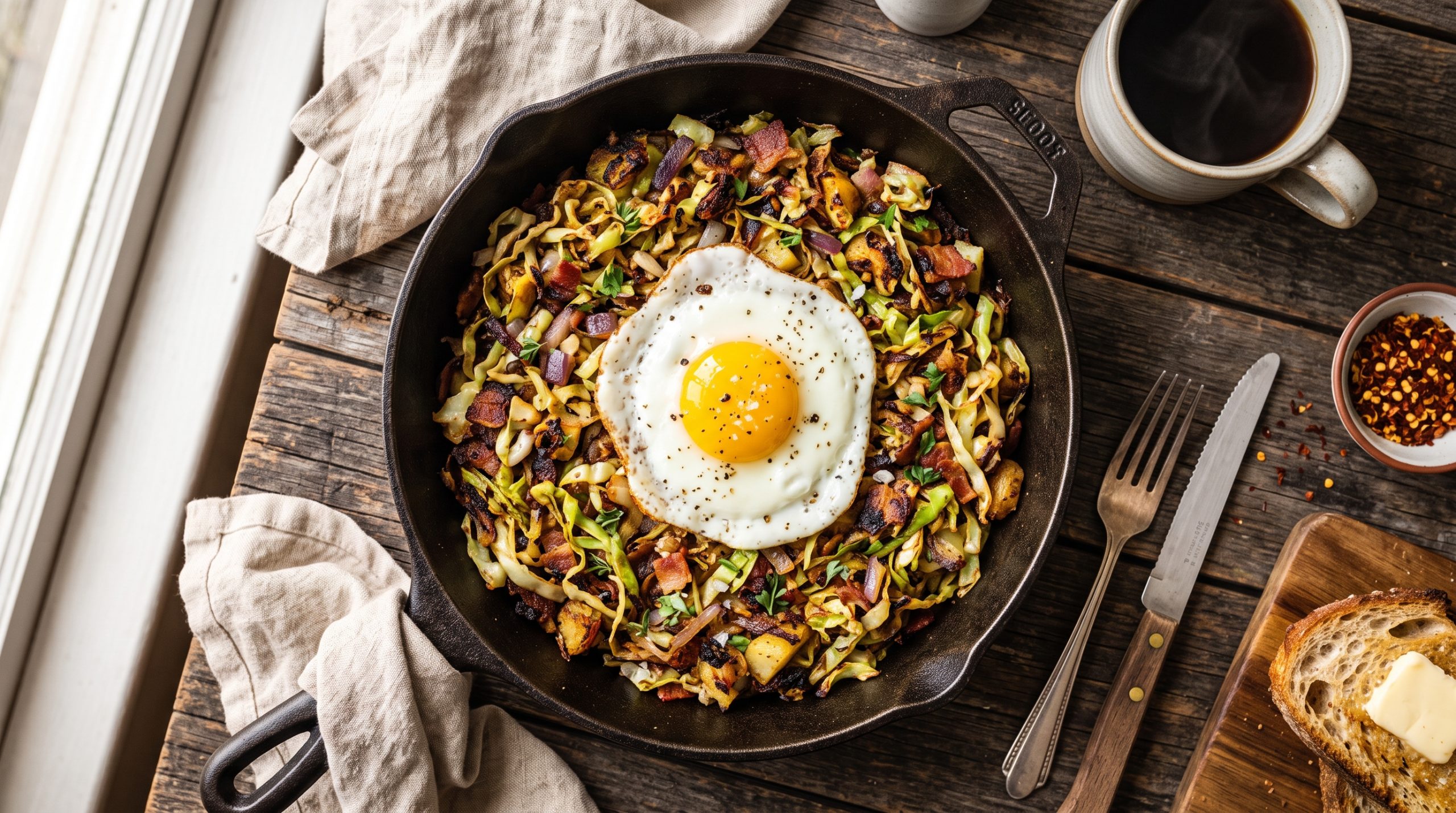 Overhead shot of crispy blistered cabbage breakfast hash with a fried egg on top in a cast iron skillet on a rustic wooden table.