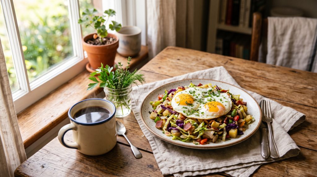 Crispy Cabbage Breakfast Hash: 2026's Biggest Food Trend 7 A plate of crispy cabbage hash served with warm coffee, fresh herbs, and soft morning sunlight through a window.