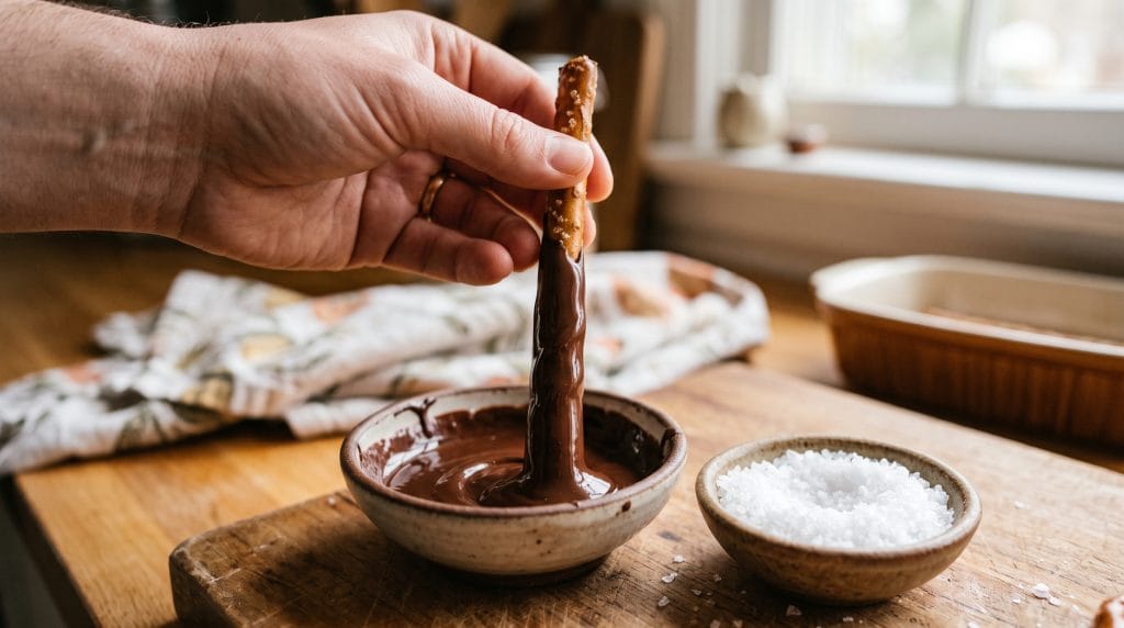 Close-up shot of a hand dipping a pretzel rod into melted dark chocolate and flaky sea salt.