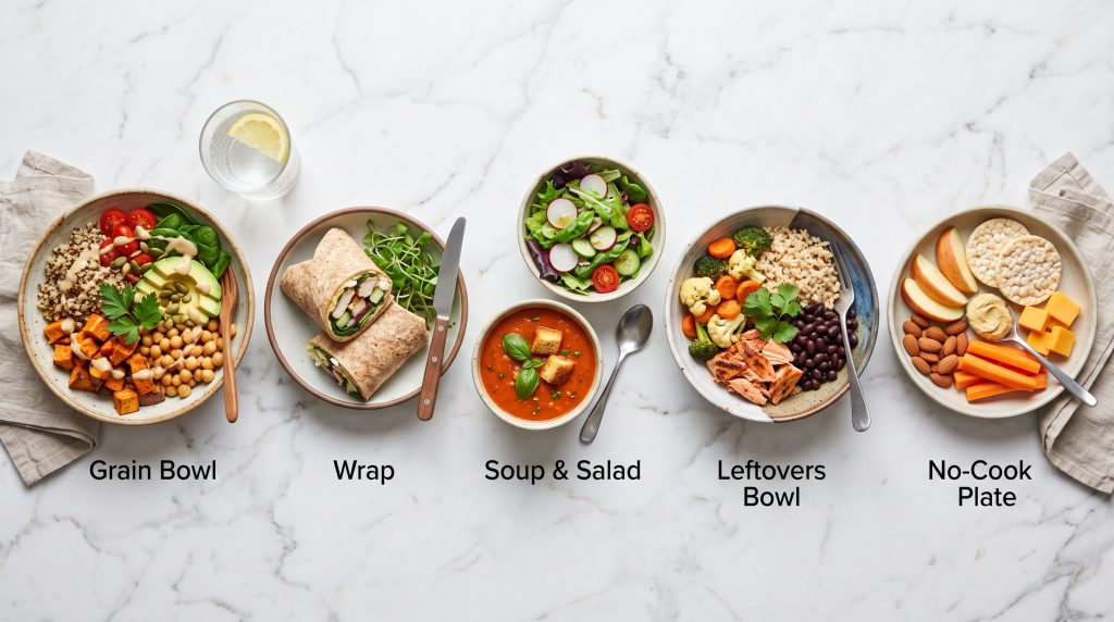 Aesthetic Lunch Ideas for Working From Home: No 2:30 PM Slump 3 Top-down editorial flat lay of five different healthy WFH lunch variations.