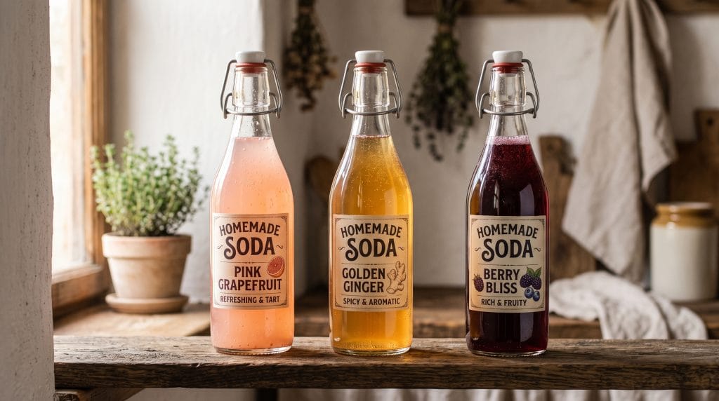 DIY Prebiotic Soda: Easy 5-Minute Prep Gut-Friendly Drink 4 Flip-top glass bottles filled with pink grapefruit, golden ginger, and berry prebiotic soda on a wooden shelf.