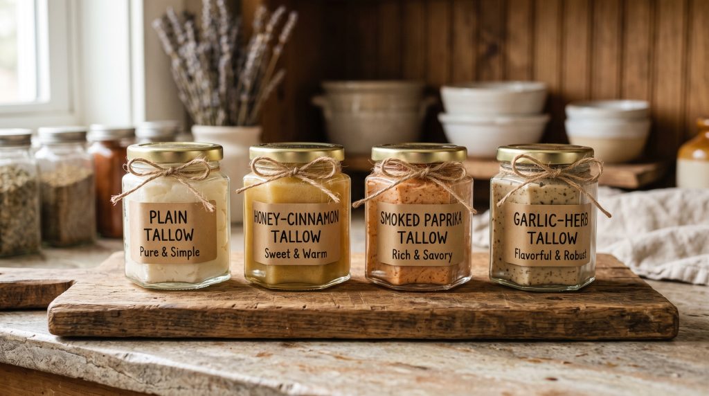 Four small glass jars in a row on a wooden board containing different flavored whipped tallow spreads with handwritten labels.