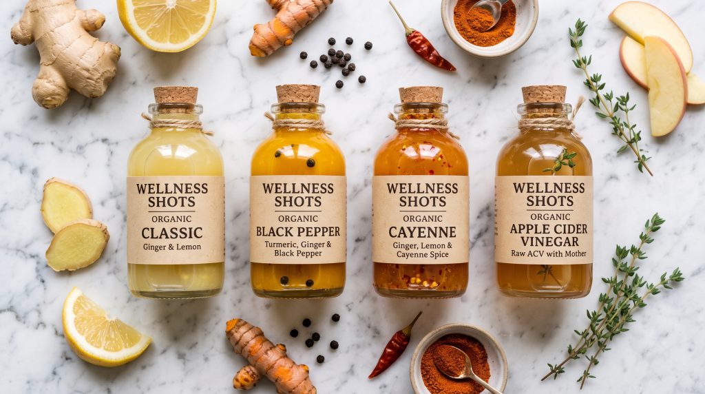 Ginger Turmeric Lemon Wellness Shots: The 5-Day Batch Morning Ritual 5 Four small glass bottles showing different wellness shot variations including classic, black pepper, cayenne, and apple cider vinegar.