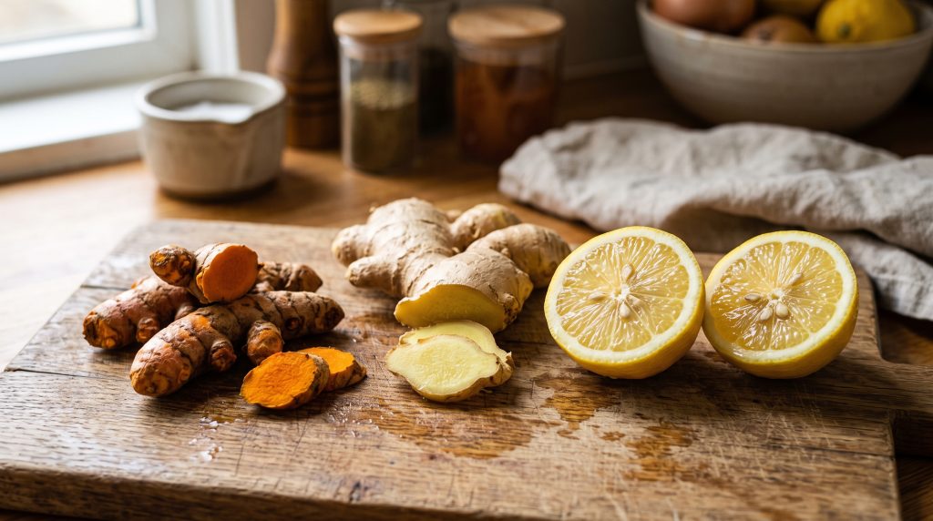 Ginger Turmeric Lemon Wellness Shots: The 5-Day Batch Morning Ritual 3 Close-up of fresh organic turmeric root, ginger root, and lemon halves on a wooden cutting board.