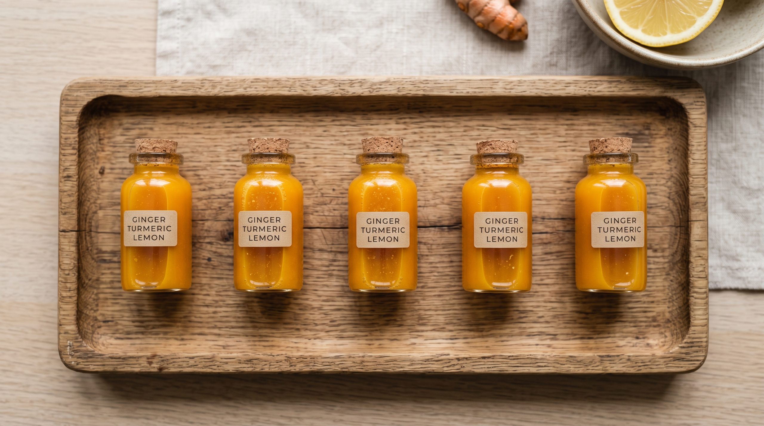 Overhead shot of five small glass shot bottles filled with orange-golden ginger turmeric lemon wellness shots lined up on a wooden tray.