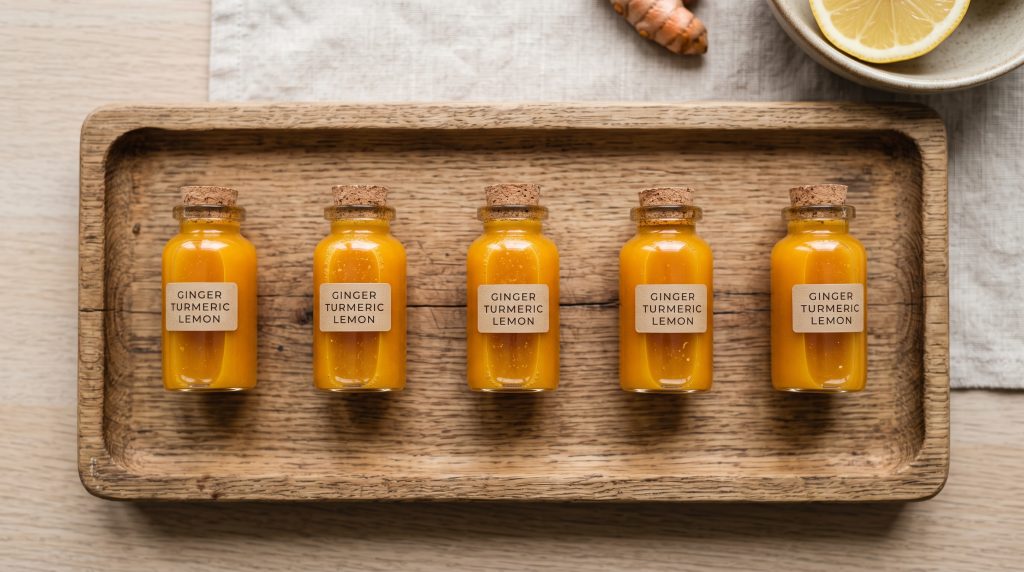 Ginger Turmeric Lemon Wellness Shots: The 5-Day Batch Morning Ritual 2 Overhead shot of five small glass shot bottles filled with orange-golden ginger turmeric lemon wellness shots lined up on a wooden tray.
