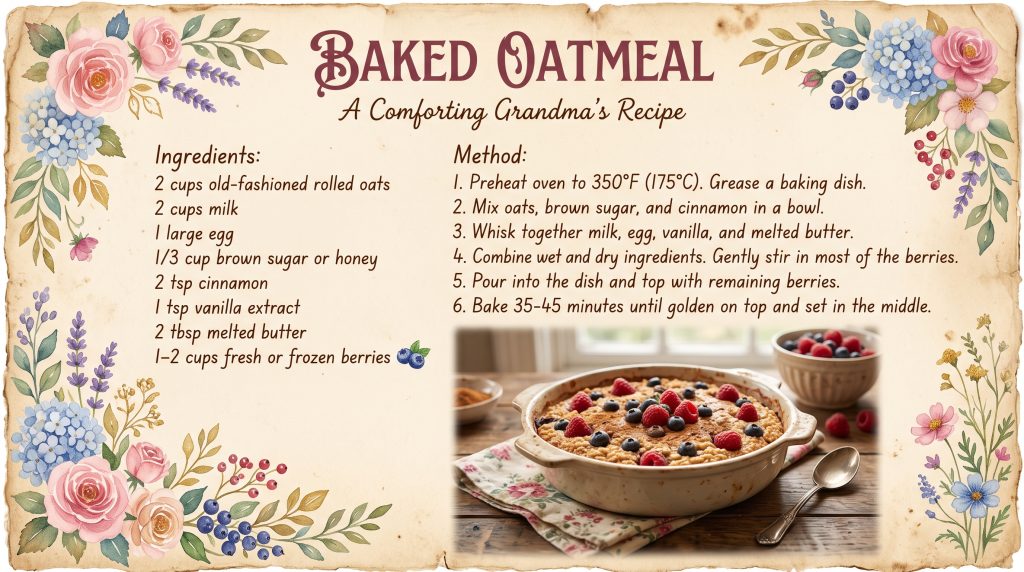 Grandmacore Breakfast: 5 Simple Comfort Recipes with a Vintage Aesthetic 5 Baked oatmeal recipe card grandmacore style with ingredients and step by step instructions
