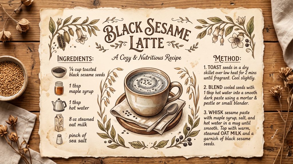 Black Sesame Latte: Easy 5-Minute Calming Evening Ritual 6 Black sesame latte recipe card in vintage grandmacore style with botanical sesame illustrations.