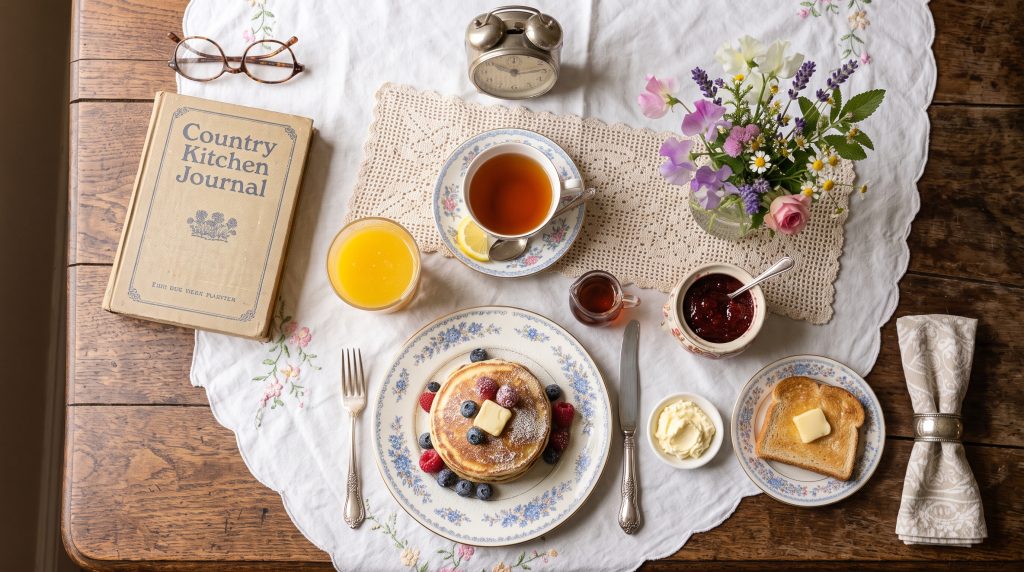 Grandmacore Breakfast: 5 Simple Comfort Recipes with a Vintage Aesthetic 11 Full breakfast table flat lay spread with vintage china, linen napkins, pancakes, jam, and a small vase of flowers under soft morning light.