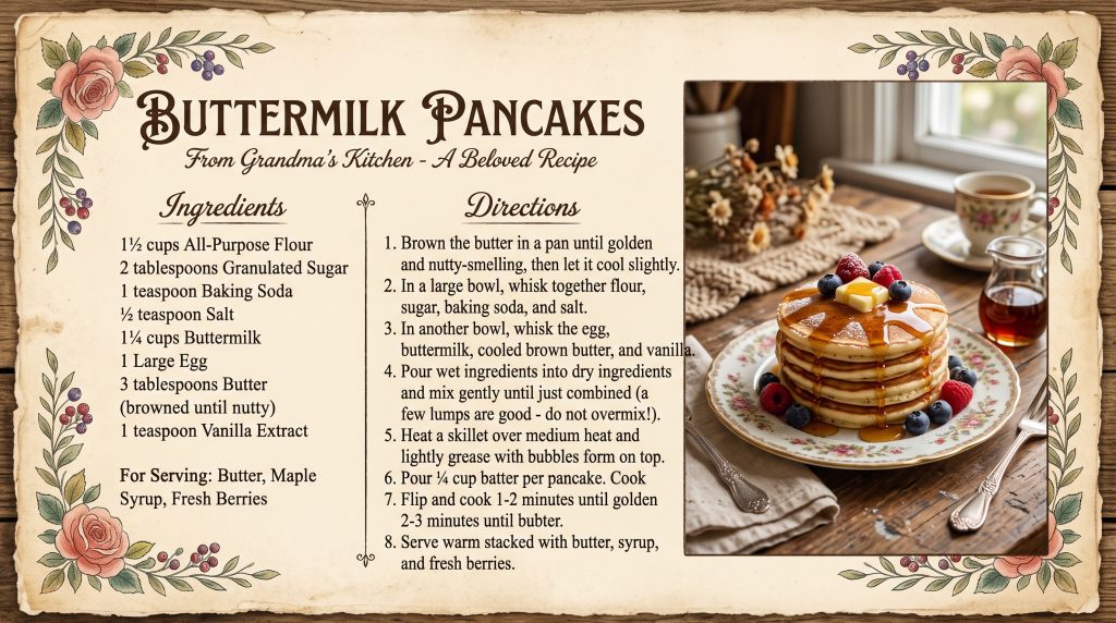 Grandmacore Breakfast: 5 Simple Comfort Recipes with a Vintage Aesthetic 3 Buttermilk pancakes recipe card with ingredients and instructions in vintage grandmacore style