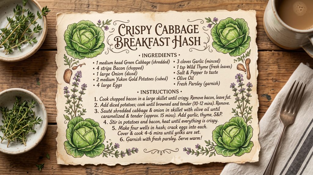 Crispy Cabbage Breakfast Hash: 2026's Biggest Food Trend 6 Crispy cabbage breakfast hash recipe card in vintage grandmacore style with botanical cabbage illustrations.