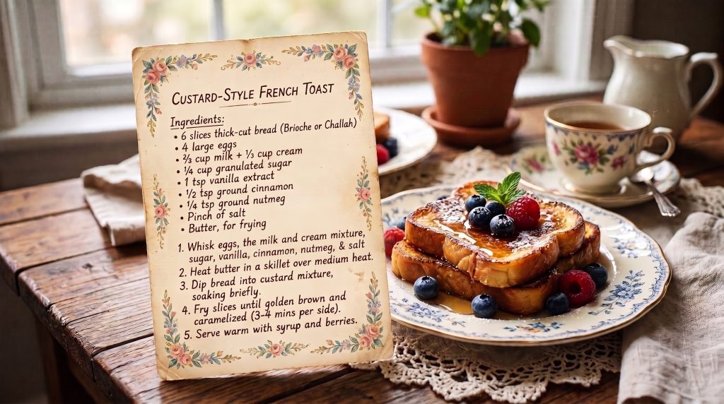 Grandmacore Breakfast: 5 Simple Comfort Recipes with a Vintage Aesthetic 10 Custard style French toast recipe card grandmacore breakfast