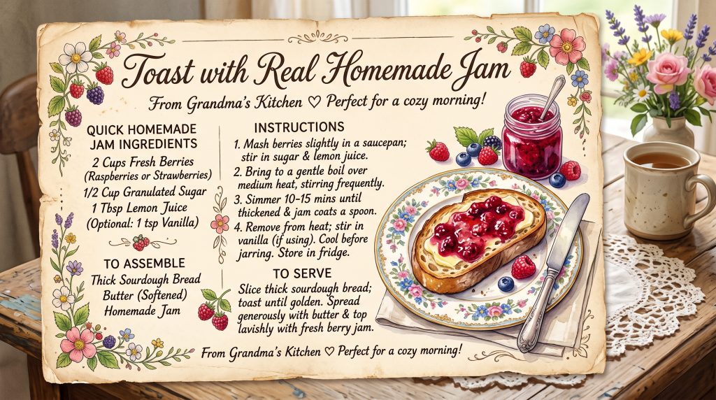 Grandmacore Breakfast: 5 Simple Comfort Recipes with a Vintage Aesthetic 9 Toast with real homemade jam recipe card in cozy grandmacore style