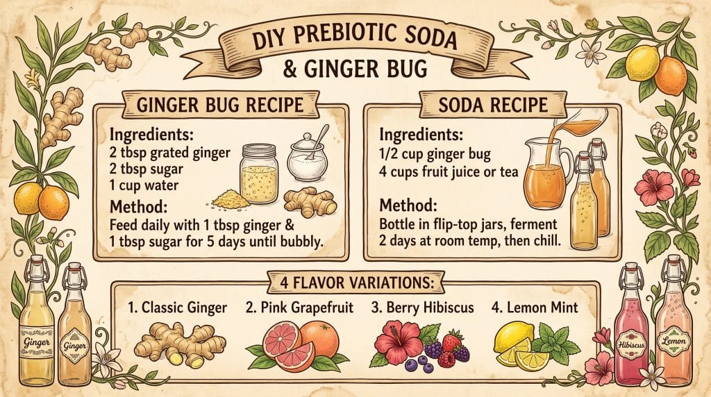 DIY Prebiotic Soda: Easy 5-Minute Prep Gut-Friendly Drink 5 Prebiotic soda ginger bug recipe card in vintage grandmacore style showing 4 flavor variations.