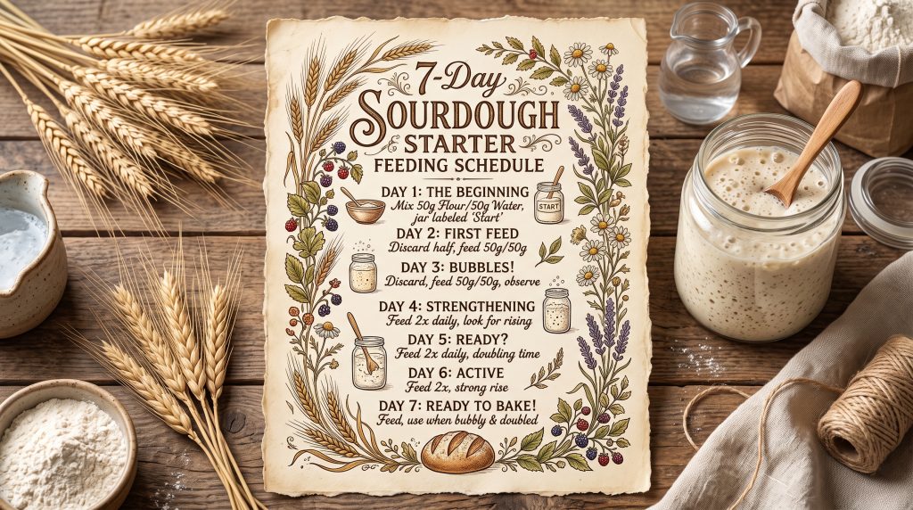 A Beginner's Guide to Sourdough Starter: The Slow Living Kitchen Ritual 6 Sourdough starter 7-day feeding guide recipe card in vintage grandmacore style with botanical wheat illustrations.