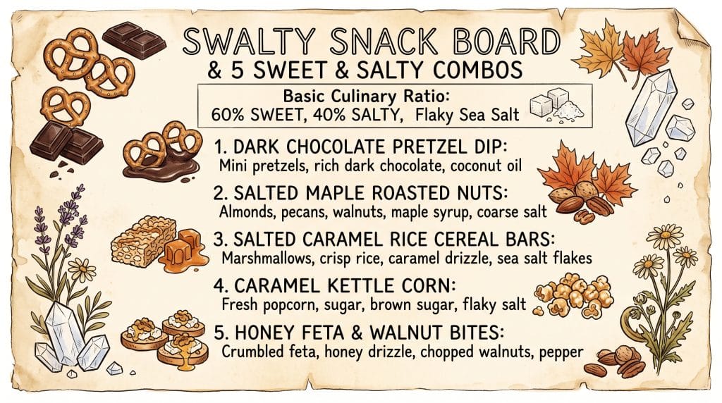 Swalty snack board recipe card in vintage grandmacore style showing sweet and salty flavor combinations.