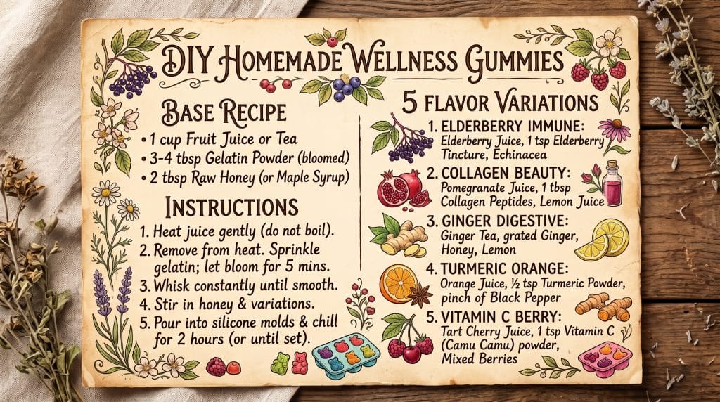 Homemade Wellness Gummies: Easy 5-Minute DIY Recipe 6 Homemade wellness gummies base recipe card in vintage grandmacore style showing 5 flavor variations.
