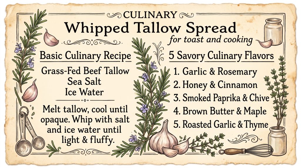 Whipped tallow base recipe and 5 flavor variations recipe card in vintage grandmacore style with botanical rosemary illustrations.
