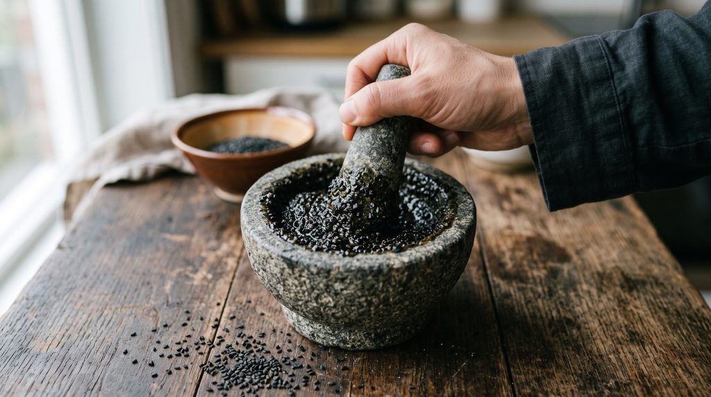 Black Sesame Latte: Easy 5-Minute Calming Evening Ritual 3 Close-up of a stone mortar and pestle grinding toasted black sesame seeds into a dark oily paste on a wooden table.