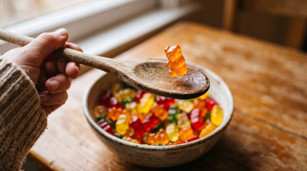 Homemade Wellness Gummies: Easy 5-Minute DIY Recipe 7 Close-up shot of a glossy elderberry gummy bouncing on a wooden spoon over a ceramic bowl.