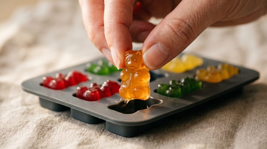 Homemade Wellness Gummies: Easy 5-Minute DIY Recipe 3 Close-up macro shot of a hand lifting one wobbly translucent homemade gummy from a silicone mold.