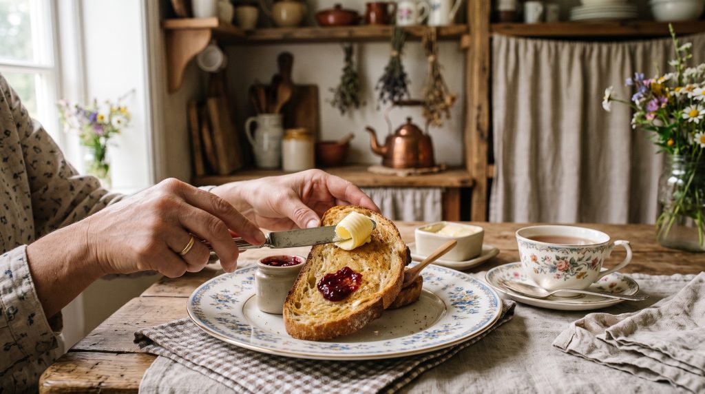 Grandmacore Breakfast: 5 Simple Comfort Recipes with a Vintage Aesthetic 4 Hands buttering a slice of toast with homemade jam next to a vintage china plate in a cottagecore kitchen.