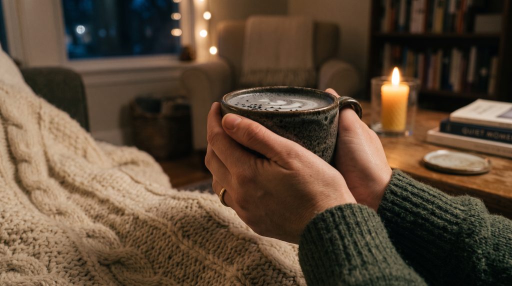 Black Sesame Latte: Easy 5-Minute Calming Evening Ritual 7 Cozy evening scene of hands holding a warm mug of black sesame latte next to a soft glowing candle.
