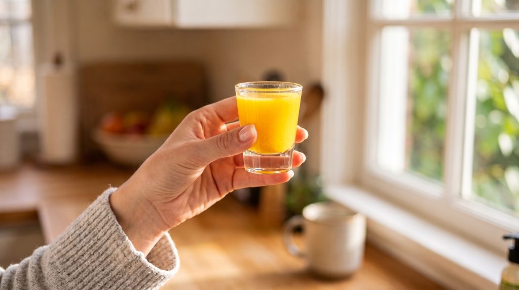 Ginger Turmeric Lemon Wellness Shots: The 5-Day Batch Morning Ritual 4 Hands pouring golden ginger turmeric lemon liquid through a fine mesh strainer into small glass bottles.