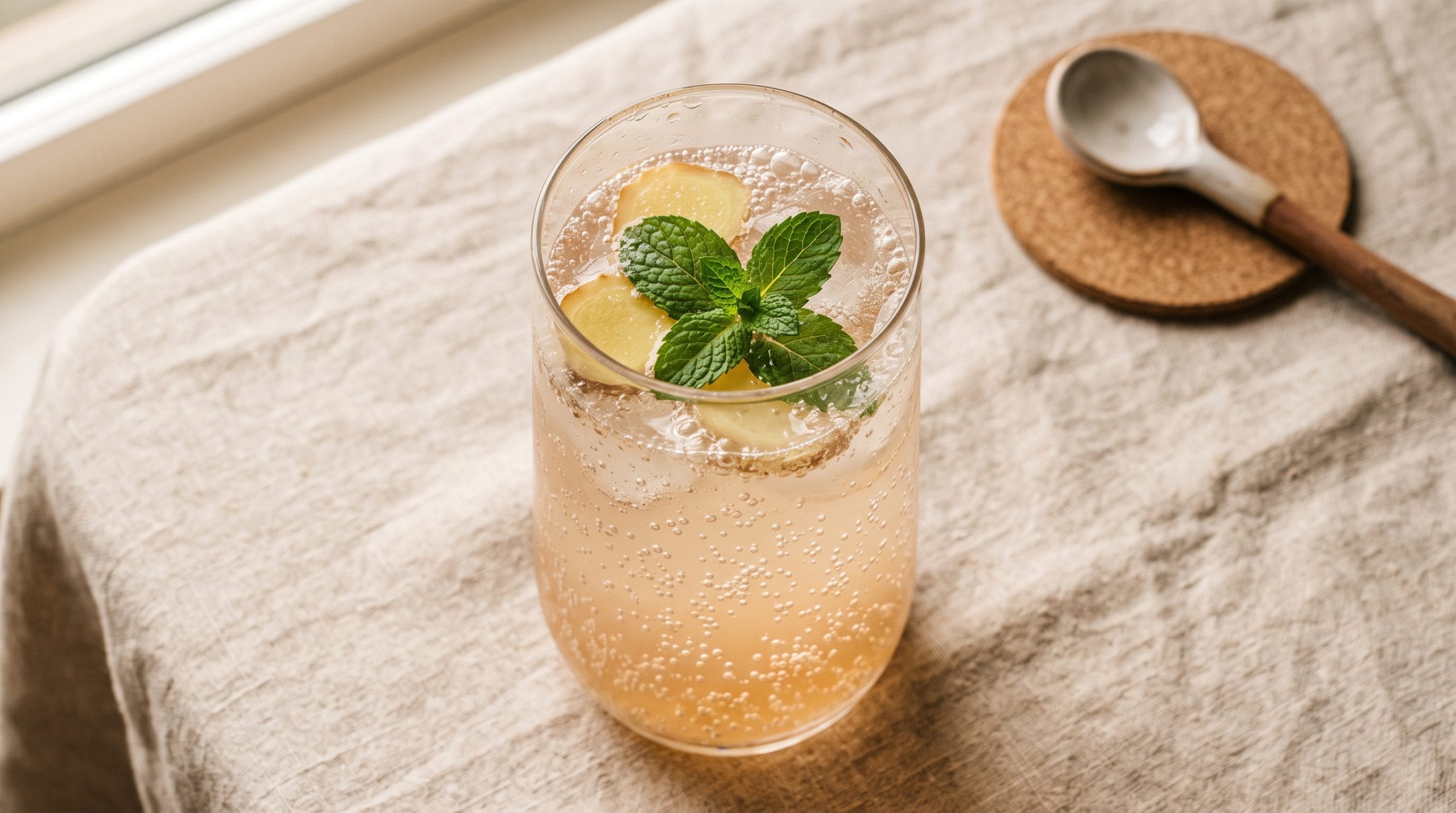 DIY Prebiotic Soda: Easy 5-Minute Prep Gut-Friendly Drink 9 Overhead shot of a tall glass filled with homemade prebiotic soda, ginger slices, and fresh mint under natural light.