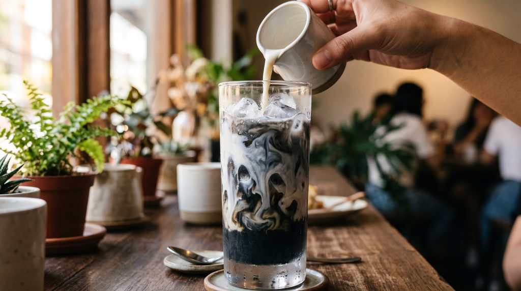 Black Sesame Latte: Easy 5-Minute Calming Evening Ritual 4 Tall glass filled with iced black sesame latte showing a marbled grey and white swirl effect under afternoon light.