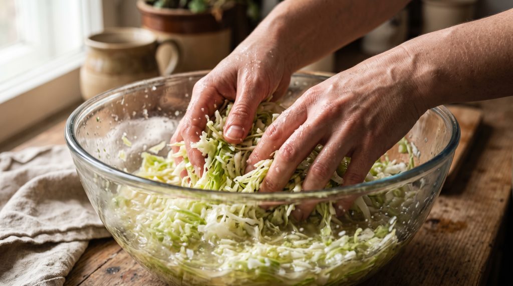Aesthetic Fermented Kraut Jar Ritual: The Beginner's Guide to Sauerkraut That Actually Looks Good on Your Counter 2 Close-up shot of hands massaging salted shredded cabbage in a large glass bowl with glistening natural brine.