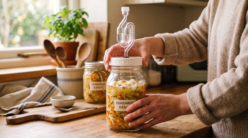 Aesthetic Fermented Kraut Jar Ritual: The Beginner's Guide to Sauerkraut That Actually Looks Good on Your Counter 5 Cozy lifestyle shot of hands opening a glass fermentation jar with an airlock lid on a sunlit kitchen counter.