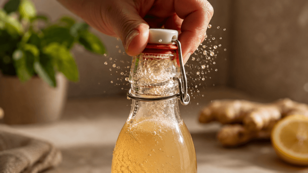 DIY Prebiotic Soda: Easy 5-Minute Prep Gut-Friendly Drink 7 Close-up shot of hands opening a flip-top bottle of prebiotic soda with visible carbonation fizz.