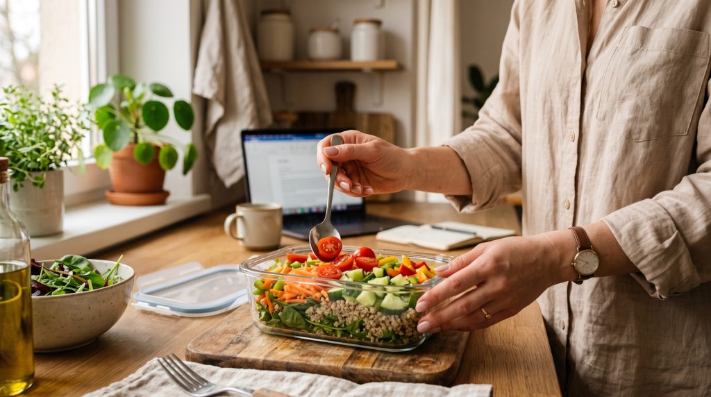 Aesthetic Lunch Ideas for Working From Home: No 2:30 PM Slump 5 Top-down flat lay of five different healthy WFH lunch ideas.