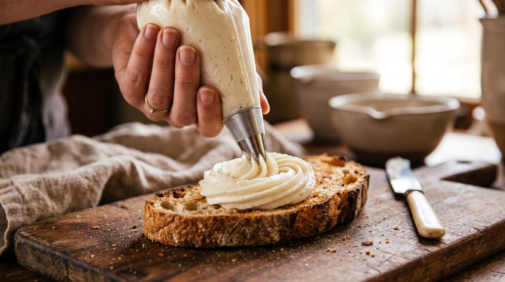 Close-up shot of a pastry piping bag squeezing a swirl of fluffy whipped tallow onto a slice of warm crusty bread.
