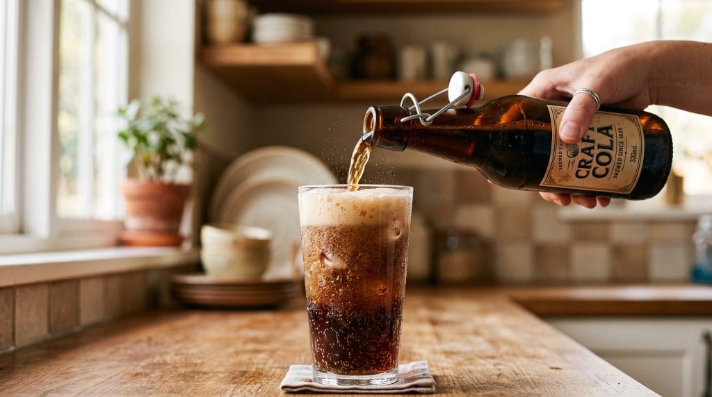 DIY Prebiotic Soda: Easy 5-Minute Prep Gut-Friendly Drink 6 Pouring fizzy prebiotic soda from a flip-top bottle into a glass showing condensation and foam.